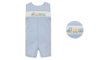Petit Bebe Boy's Train Light Blue Gingham Jon Jon