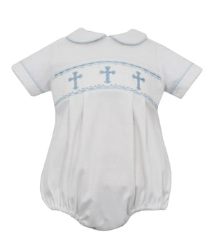 Petit Bebe Boy's White Knit Bubble w/ Blue Crosses