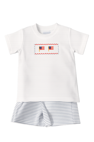 Petit Bebe Boy's Flag White T Shirt Set w/ Striped Bottoms