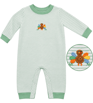 Petit Bebe Boy's Green Stripe Turkey Romper - J.A. Whitney