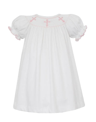 Petit Bebe Girl's White Knit Bishop Dress w/ Pink Crosses
