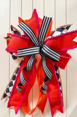 Medium Fancy Hand Tied Bow with Pink, Orange & Black - J.A. Whitney