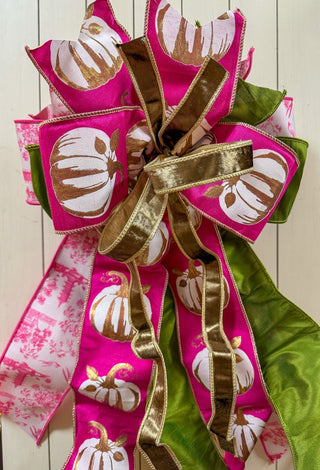 Medium Fancy Hand Tied Bow with Pink Toile, Pumpkin & Green Ribbons - J.A. Whitney