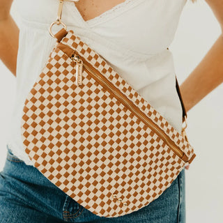 brown and white leather check bum bag with gold zipper