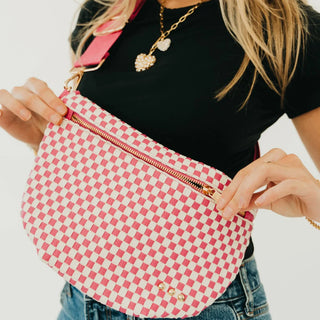 pink and cream leather woven ag with gold zipper and pink strap