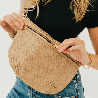 taupe leather bum bag with gold zipper and woven leather