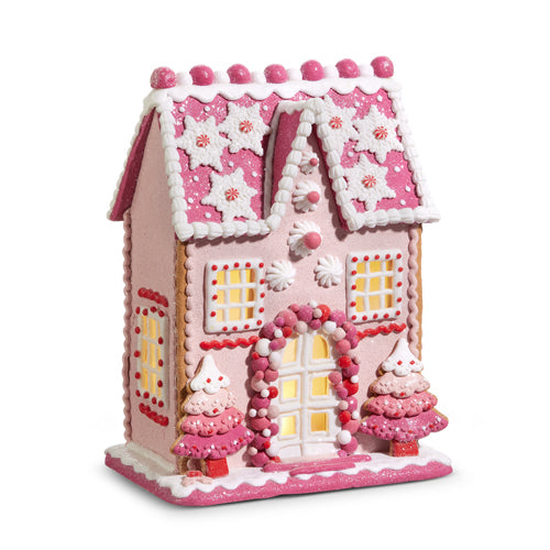 13" Pink Lighted Gingerbread House