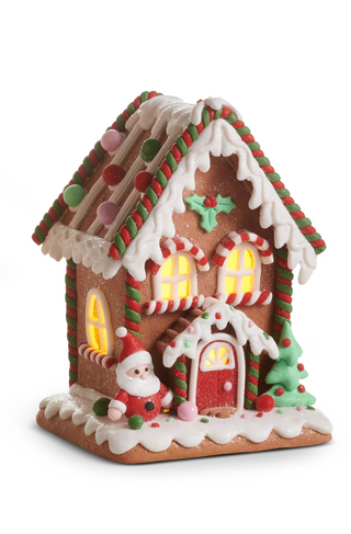 7" Brown Lighted Gingerbread House w/ Santa