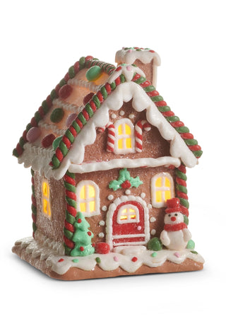 7" Brown Lighted Gingerbread House w/ Snowman