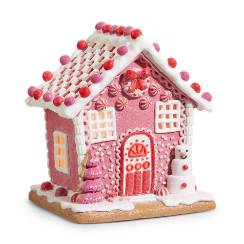 8.5" Pink Lighted Gingerbread House