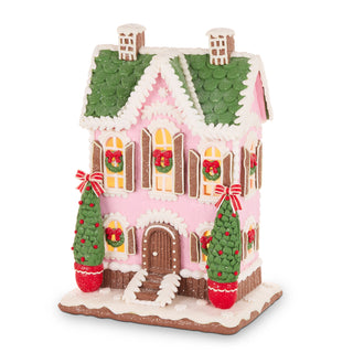 12.5" Lighted Pink Gingerbread Cottage