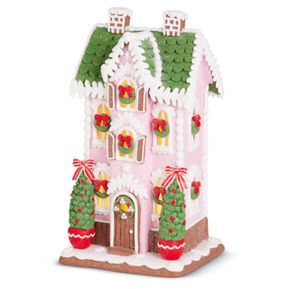 13" Lighted Pink & Green Cottage