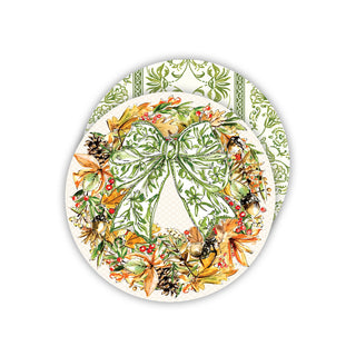 Fall Wreath w/ Green Chinoiserie Bow - Round Coasters