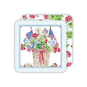 patriotic flowers and flags in planter square coasters by Rosanne Beck