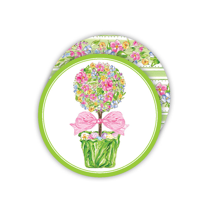 Floral Topiary w/ Pink Bow & Eggs - Round Coasters