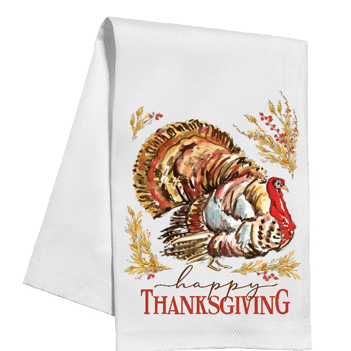 Happy Thanksgiving Turkey w/ Wheat - Kitchen Towel