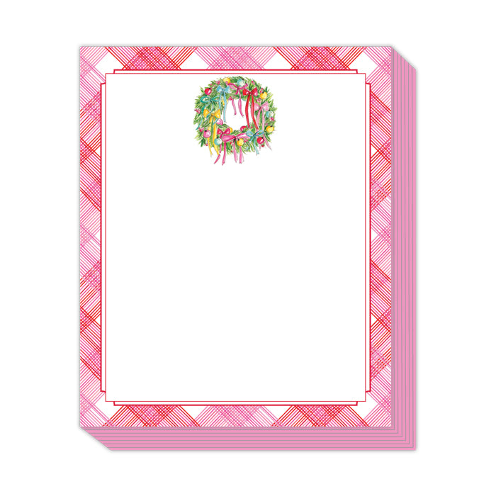 Pink & Red Plaid Broder w/ Wreath - Tall Stack Notepad