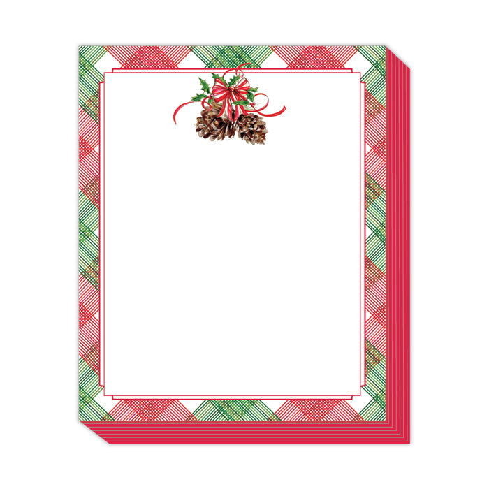 Red & Green Plaid Border w/ Pine Cones - Tall Stack Notepad