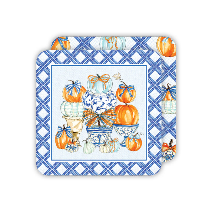 Pumpkin Topiaries w/ Blue Bamboo Border - Square Coasters