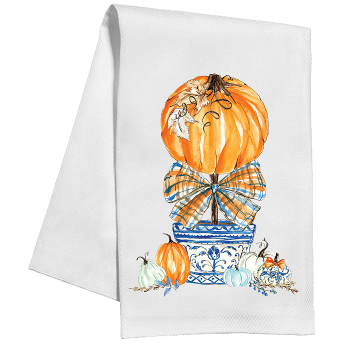 Pumpkin Topiary w/ Blue Plaid Bow - Kitchen Towel