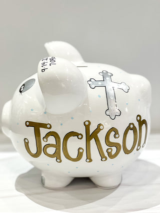 Hand-Painted Personalized Piggy Bank - Religious (Boy)