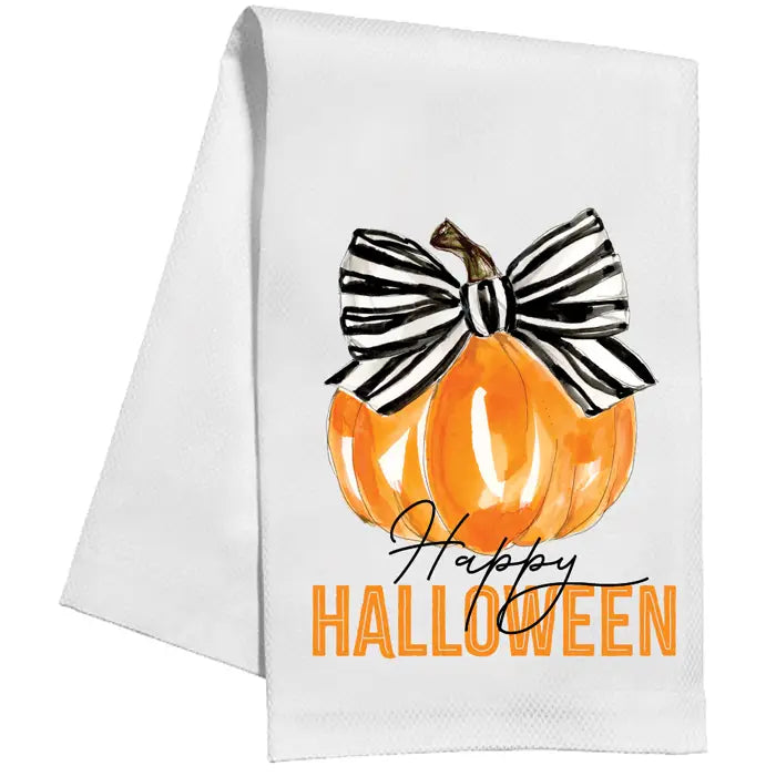 Pumpkin w/ Black & White Striped Bow - Kitchen Towel
