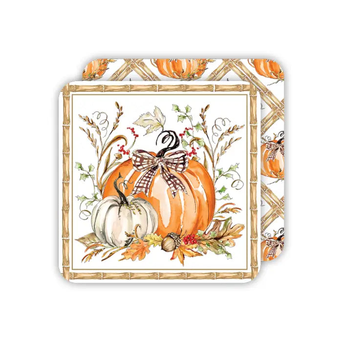 Orange & White Pumpkin w/ Foliage - Square Coasters