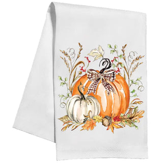orange and white pumpkins with foliage kitchen towel by Rosanne Beck
