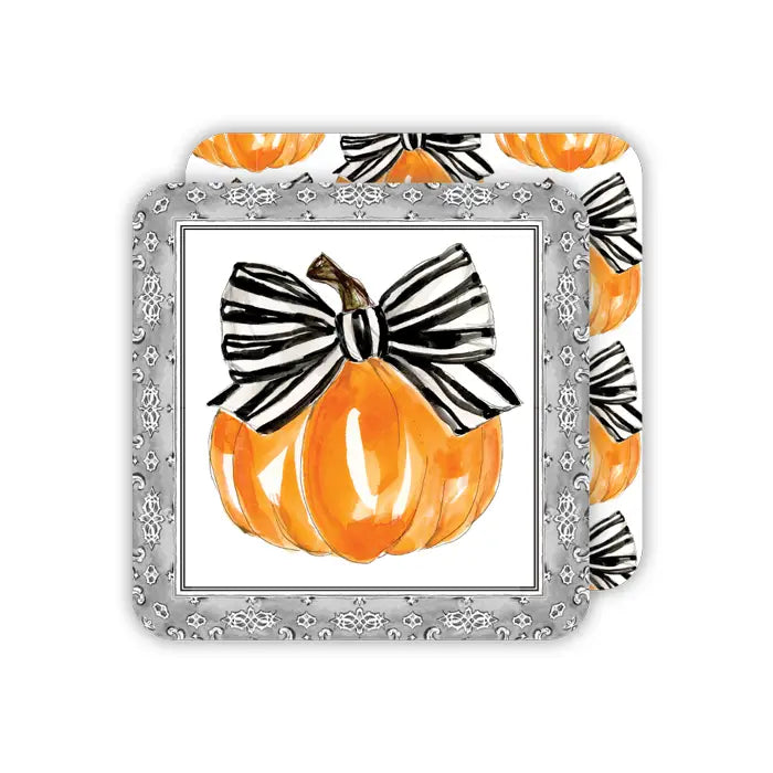 Pumpkin w/ Black Stripe Bow - Square Coasters