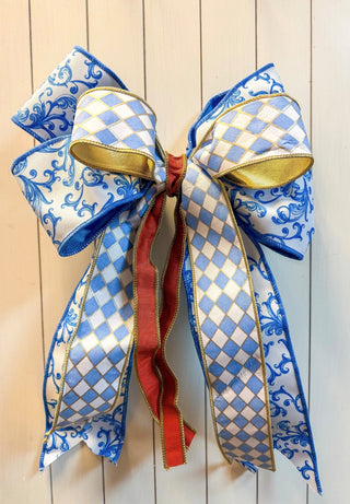 Medium Hand Tied Bow with Blue Scroll and Blue Diamond Ribbon - J.A. Whitney