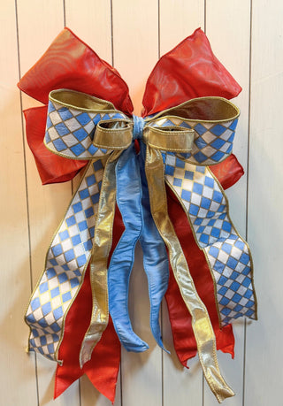 Medium Hand Tied Bow with Rust Ribbon, Blue Diamond Pattern & Gold Accents - J.A. Whitney