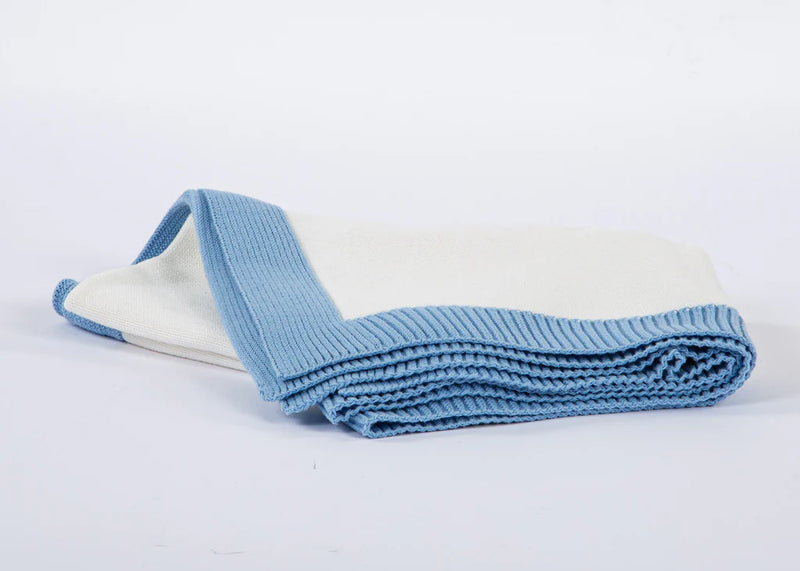 Cream / Blue Border Jersey Knit Blanket - Personalization Included