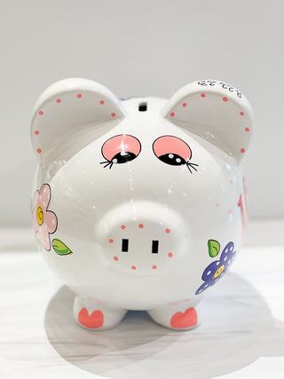 Hand-Painted Personalized Piggy Bank - Spring Flowers