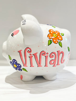 Hand-Painted Personalized Piggy Bank - Spring Flowers
