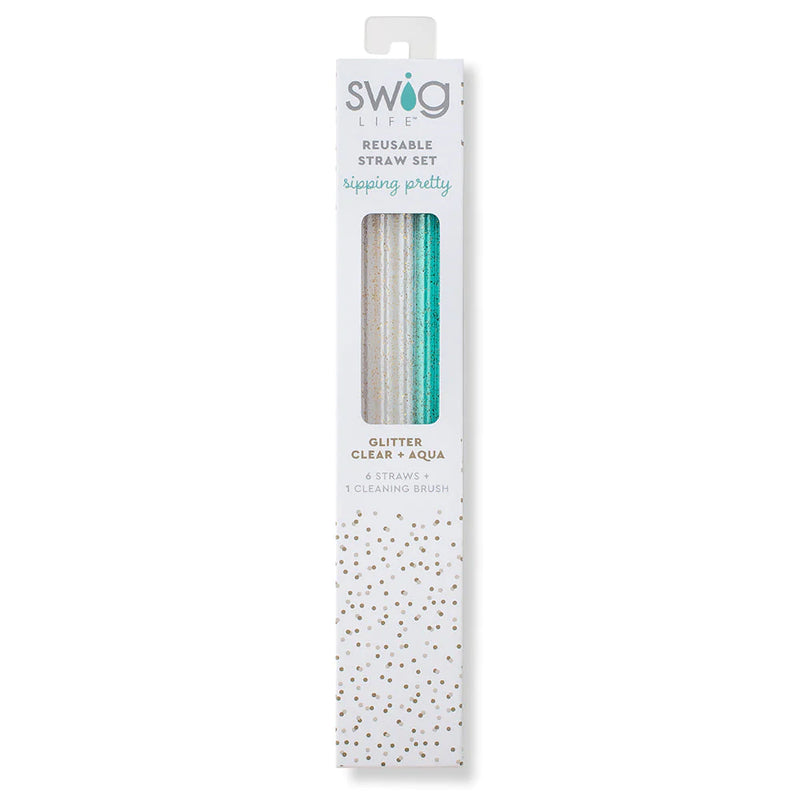 Glitter Clear & Aqua Reusable Straw Set