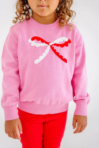 The Beaufort Bonnet Company - Isabelle's Intarsia Sweater - Pink w/ Red & White Bow