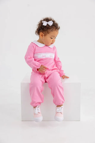 The Beaufort Bonnet Company - Rigsby Romper - Pink w/ Bow Smocking