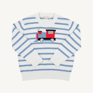 The Beaufort Bonnet Company - Isaac's Intarsia Sweater - Blue Stripe w/ Train