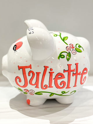 Hand-Painted Personalized Piggy Bank - Twisty Vine Flowers