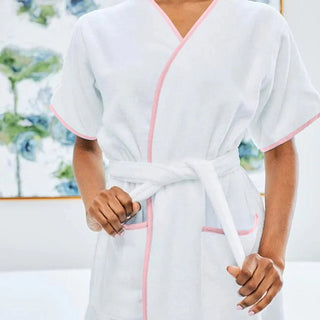 Women's Pink on White Short Signature Robe - Personalization Included - J.A. Whitney