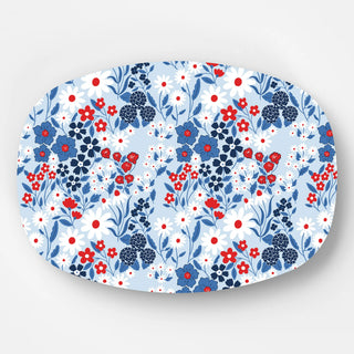 melamine serving platter with red white and blue floral pattern
