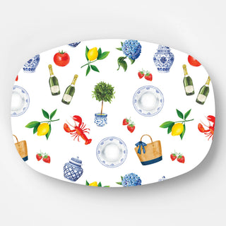 white melamine platter with lobster, ginger jar, champagne bottle, hydrangea, lemon and strawberry icons