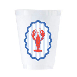 plastic shatterproof cups with blue stripe decal and red lobster