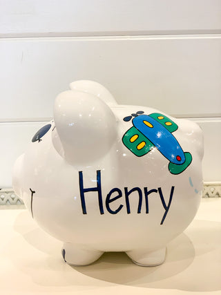 Hand-Painted Personalized Piggy Bank - Airplanes