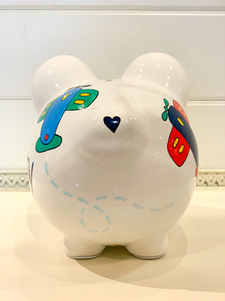 Hand-Painted Personalized Piggy Bank - Airplanes