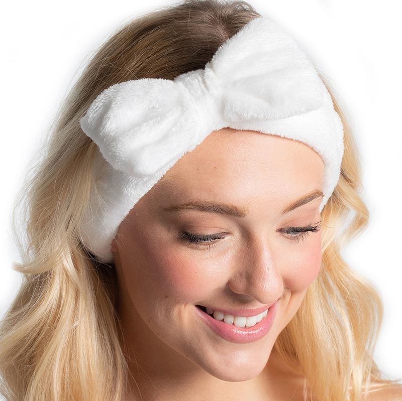 White Plush Bow Spa Headband
