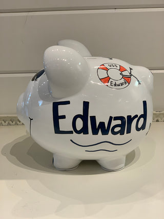 Hand-Painted Personalized Piggy Bank - Nautical