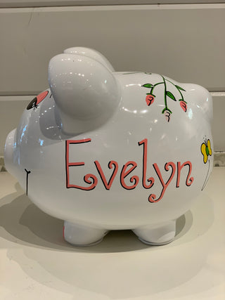 Hand-Painted Personalized Piggy Bank - Rosebud Vine